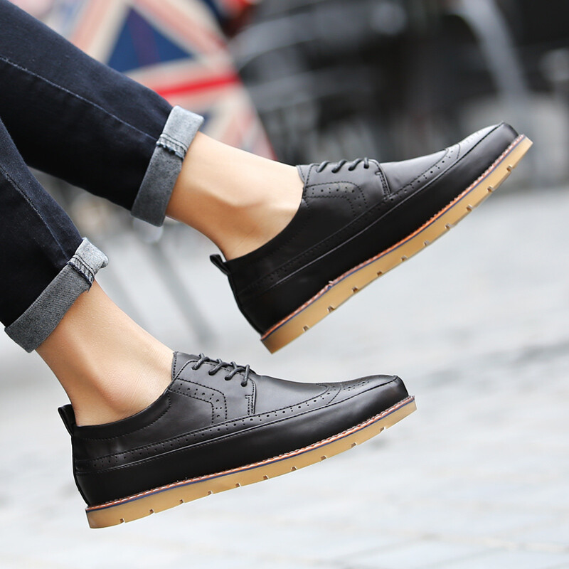 2016新款男鞋休闲鞋日常休闲皮鞋春季男鞋子男士休闲鞋韩版潮鞋青年板鞋系带低帮布洛克皮鞋 黑色 #44