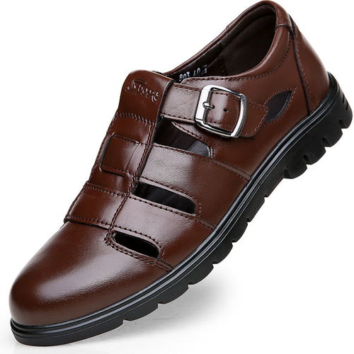 夏季休闲凉鞋男 透气柔软真皮皮鞋，中老年镂空爸爸鞋的完美选择